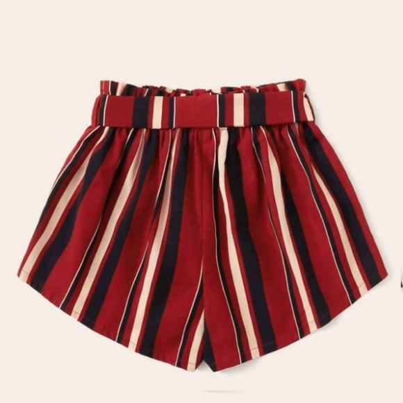 Paperbag Waist Belted Striped Burgundy Boho Shorts - Picture 2 of 4